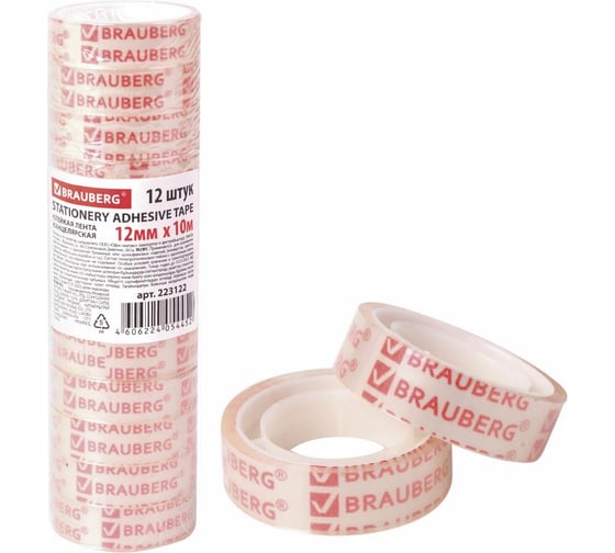 Канцелярская клейкая лента BRAUBERG 12 мм х 10 м, 12 шт., прозрачная 223122