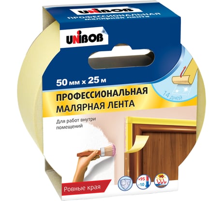 Малярная клейкая лента UNIBOB Профи 50 мм х 25 м, для внутр. работ, желтый 214974