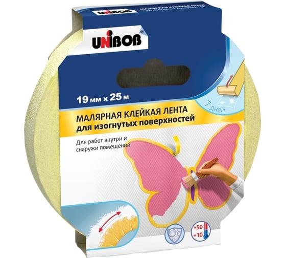 Малярная клейкая лента UNIBOB Профи 19 мм х 25 м, для изогнутых поверхностей, желтый 211735