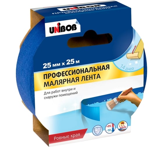 Малярная клейкая лента UNIBOB Профи 25 мм х 25 м для наружн. работ, синий 211734
