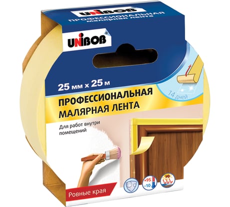 Малярная клейкая лента UNIBOB Профи 25 мм х 25 м для внутр. работ, желтый 214975