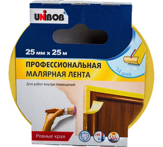 Малярная клейкая лента UNIBOB Профи 25 мм х 25 м для внутр. работ, желтый 214975
