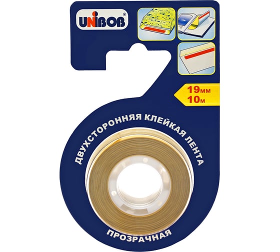 Двухсторонняя клейкая лента UNIBOB для фиксации бумаги и пленки 19 мм х 10 м прозрачная 214969