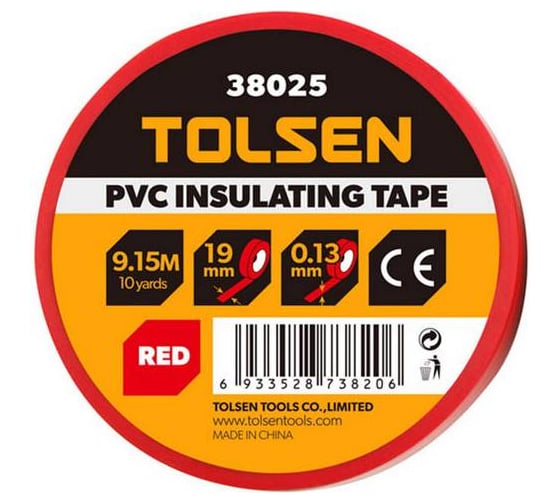 Изолента TOLSEN красная ПВХ, 19 мм х 0.13 мм х 9 м 38025