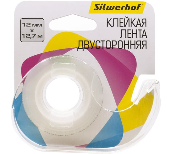 Клейкая лента двухсторонняя SILWERHOF прозрачная, 12 мм, 12.7 м, полипропилен, на диспенсере 1911681