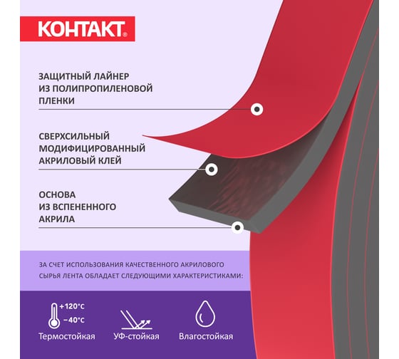 Монтажная клейкая лента двусторонняя Контакт автомобильная, серая, 8мм х 2м 25935