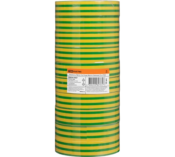 Изолента ПВХ TDM ELECTRIC 0,15x19 мм, Желто-Зеленая, 25 м, 10 шт. TDM SQ0526-0087