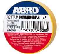 Изолента ABRO ПВХ, желтая, устойчива к растяжению, 15 мм х 18,2 м ET-912-15-18-YLW-RW 18367807