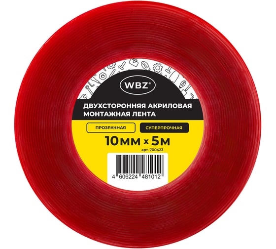Монтажная прозрачная суперпрочная двухсторонняя лента WBZ 10мм х 5м, акриловая, толщина 1мм, , 700423 1