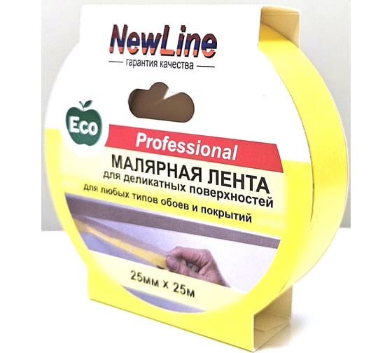 Малярная лента для деликатных поверхностей NewLine 25 мм х 25 м, желтая 01066 1
