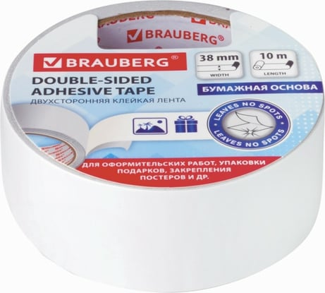 Клейкая двухсторонняя лента BRAUBERG 38 мм х 10 м, бумажная основа 229056