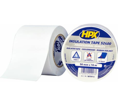 Изоляционная ПВХ лента HPX WI5010 2400, 50 мм х 0,19 мм х 10 м, белая 5425014229233