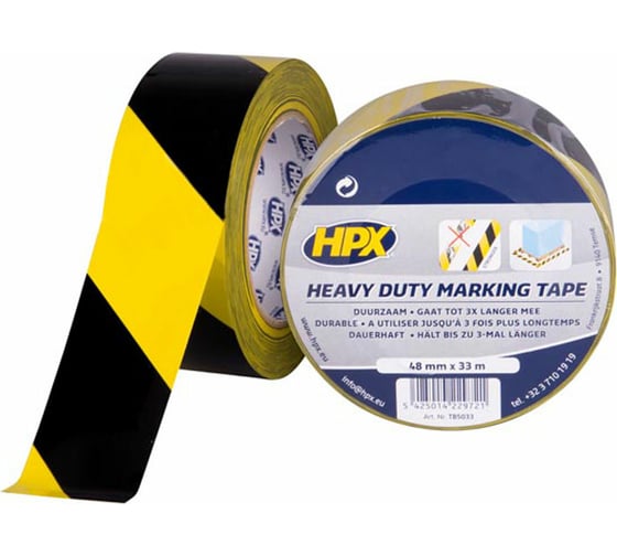 Маркировочная клейкая лента HPX TB5033 HEAVY DUTY 48 мм х 33 м х 0.20 мм, черно-желтая, пленка 5425014229721 1