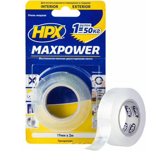 Двухсторонняя лента HPX HT1902 MAXPOWER 19 мм х 2 м, прозрачная, блистер 5425014224627 1
