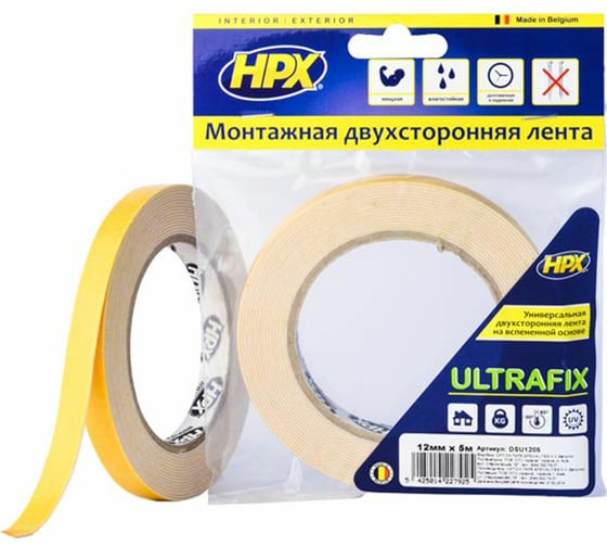 Двухсторонняя лента HPX DSU1205 ULTRAFIX 12 мм х 5 м, белая 5425014227925 1
