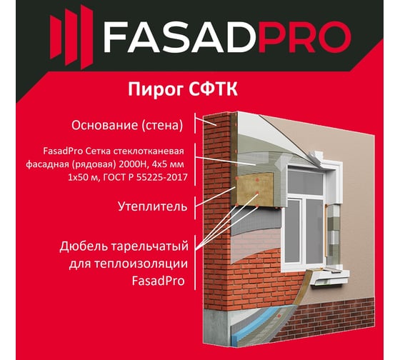Стеклотканевая фасадная (рядовая) сетка FasadPro 4x5 мм, 1x50 м, 2000 Н, ГОСТ Р 55225-2017, 320119