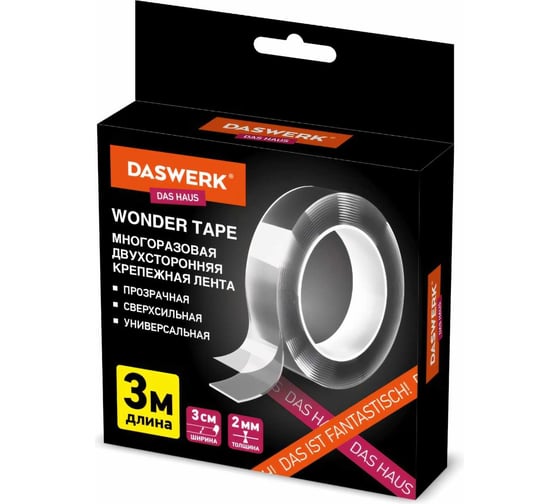 Многоразовая двухсторонняя прозрачная крепежная лента DASWERK NANO tape, 3 м х 30 мм, 2 мм 607928
