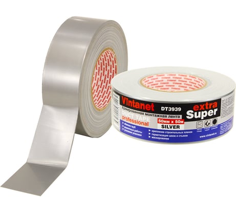 Монтажная армированная лента Vintanet DT3939 ЭКСТРА СУПЕР, серебряная, 50 мм х 50 м DT39395050S