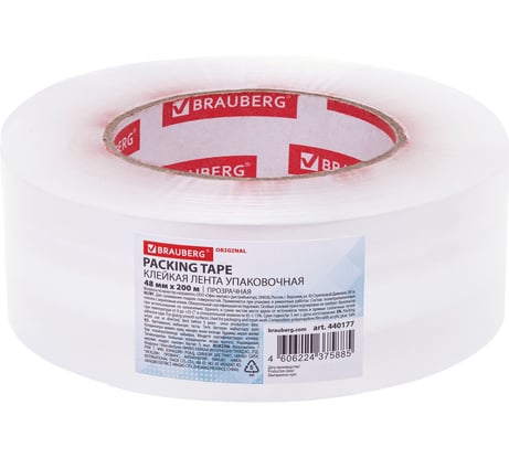 Упаковочная клейкая лента BRAUBERG Original 48 мм х 200 м, прозрачная, толщина 45 микрон 440177