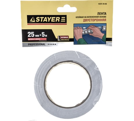 Лента PROFI клейкая двусторонняя, на вспененной основе (5 м; 25 мм; белая) STAYER 12231-25-05