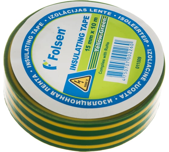 Изоляционная лента Folsen 15ммx10м желто-зеленая 011509