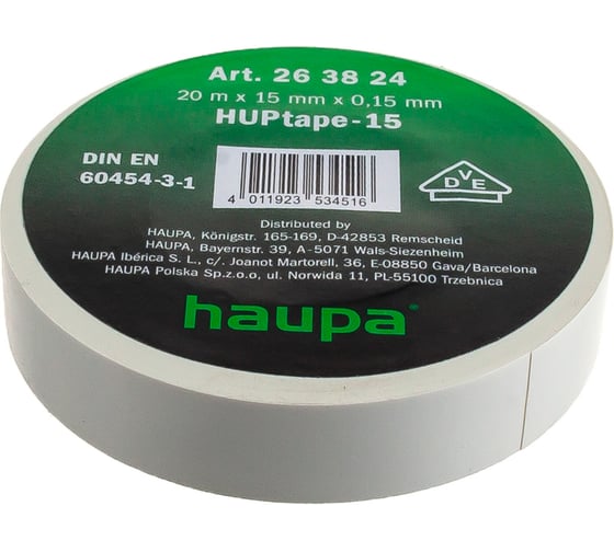 Изолента HAUPA ПВХ белый 15ммх20 м, d 74 мм 263824