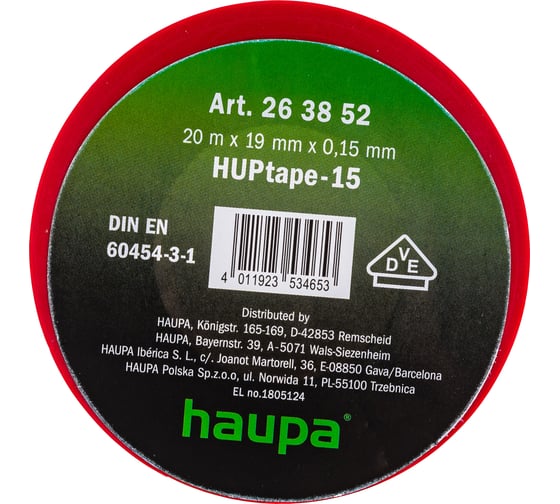 Изолента HAUPA ПВХ красный 19 ммх20 м, d 74 мм 263852