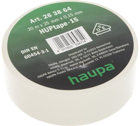 Изолента HAUPA ПВХ белый 25 ммх20 м, d 74 мм 263864