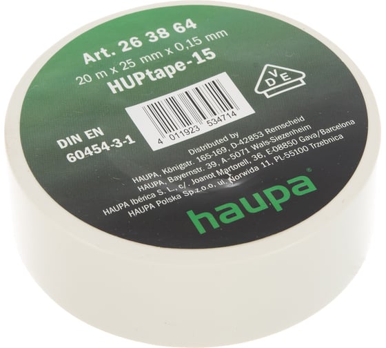 Изолента HAUPA ПВХ белый 25 ммх20 м, d 74 мм 263864