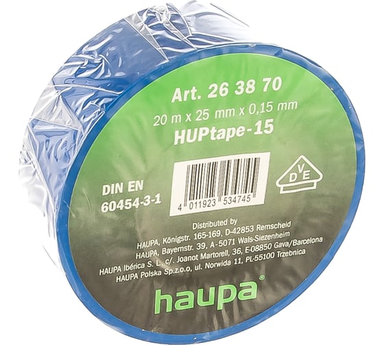 Изолента HAUPA ПВХ синий 25 ммх20 м, d 74 мм 263870