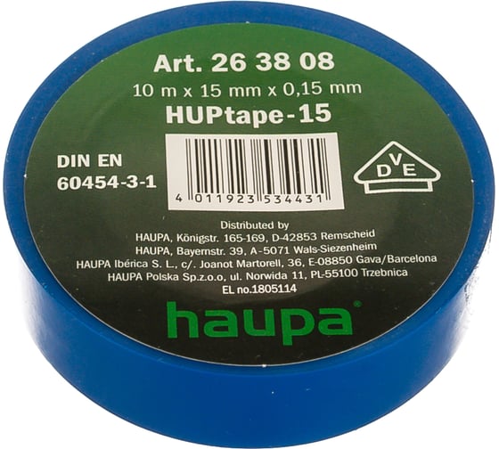 Изолента HAUPA ПВХ синий 15ммх10 м, d 60 мм 263808