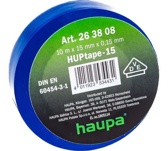 Изолента HAUPA ПВХ синий 15ммх10 м, d 60 мм 263808