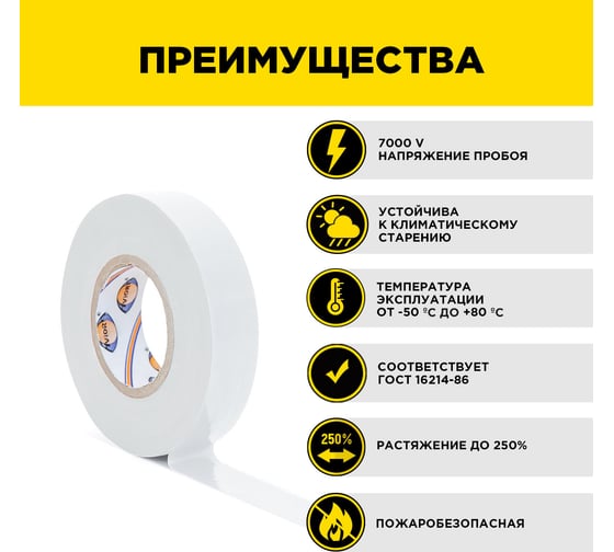 Профессиональная изолента AVIORA ПВХ, 19 мм, 20 м, белая 305-035