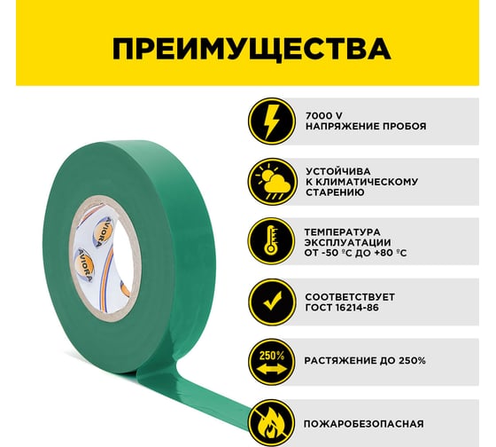 Профессиональная изолента AVIORA 165 мкм, ПВХ, 19 мм, 20 м, зеленая 305-034