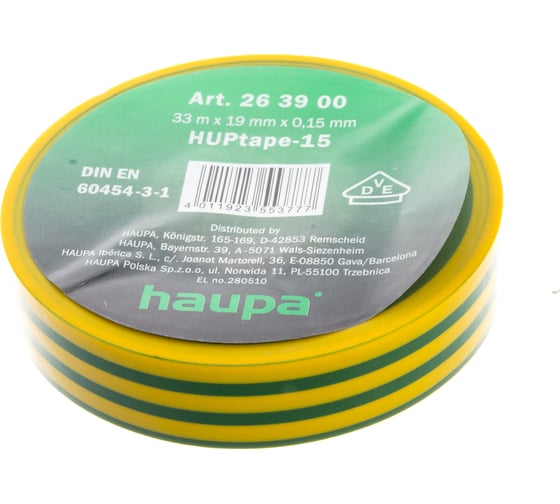 Изолента ПВХ HAUPA 19 мм x 33 м, цвет зелено-желтый 263900