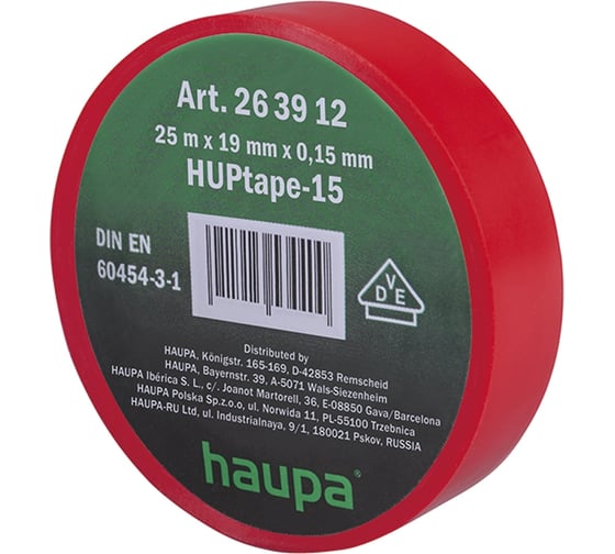 Изолента ПВХ HAUPA 19 мм x 25 м, цвет красный 263912 1