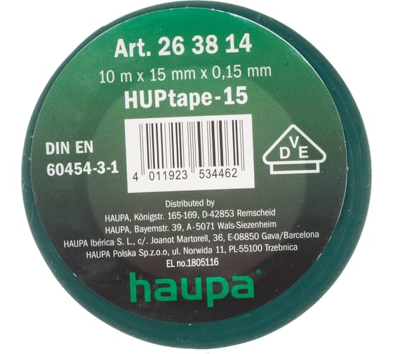 Изолента ПВХ HAUPA цвет зеленый, шир.15мм, длина 10 м, d 60 мм 263814