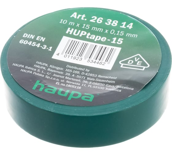 Изолента ПВХ HAUPA цвет зеленый, шир.15мм, длина 10 м, d 60 мм 263814