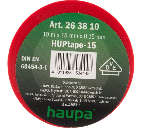 Изолента ПВХ HAUPA цвет красный, шир.15мм, длина 10 м, d 60 мм 263810