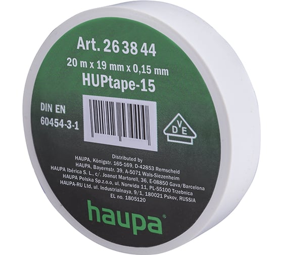 Изолента ПВХ HAUPA цвет белый, шир.19 мм, длина 20 м, d 74 мм 263844 1