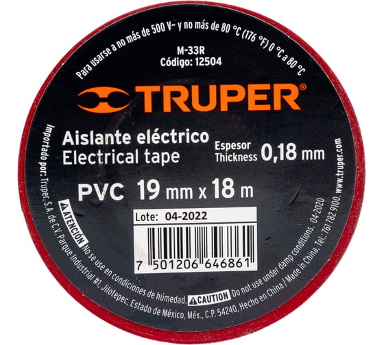 Изолента Truper акрил, 18 м, ширина 19 мм, красная M-33R 12504