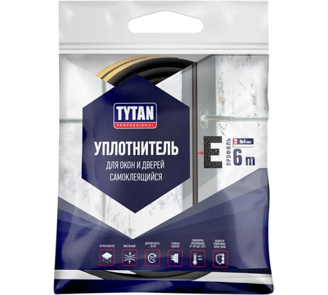 Уплотнитель для окон и дверей Tytan Professional e 6 м, 9х4 мм, черный 260672