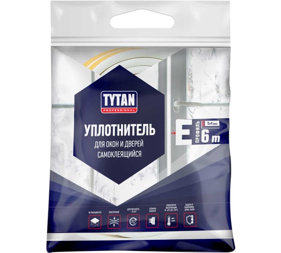 Уплотнитель для окон и дверей Tytan Professional e 6 м, 9х4 мм, белый 260673 19927
