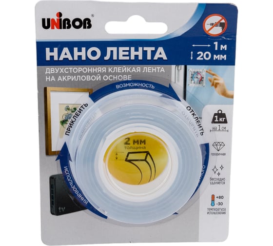 Клейкая нано лента UNIBOB кристально-прозрачная, 20 мм, 1 м (пена) 97246