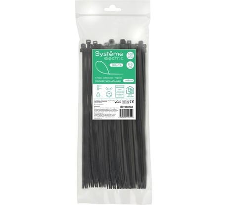 Кабельная стяжка Systeme Electric 380x7.6 мм, черная, 100 шт. IMT38076B