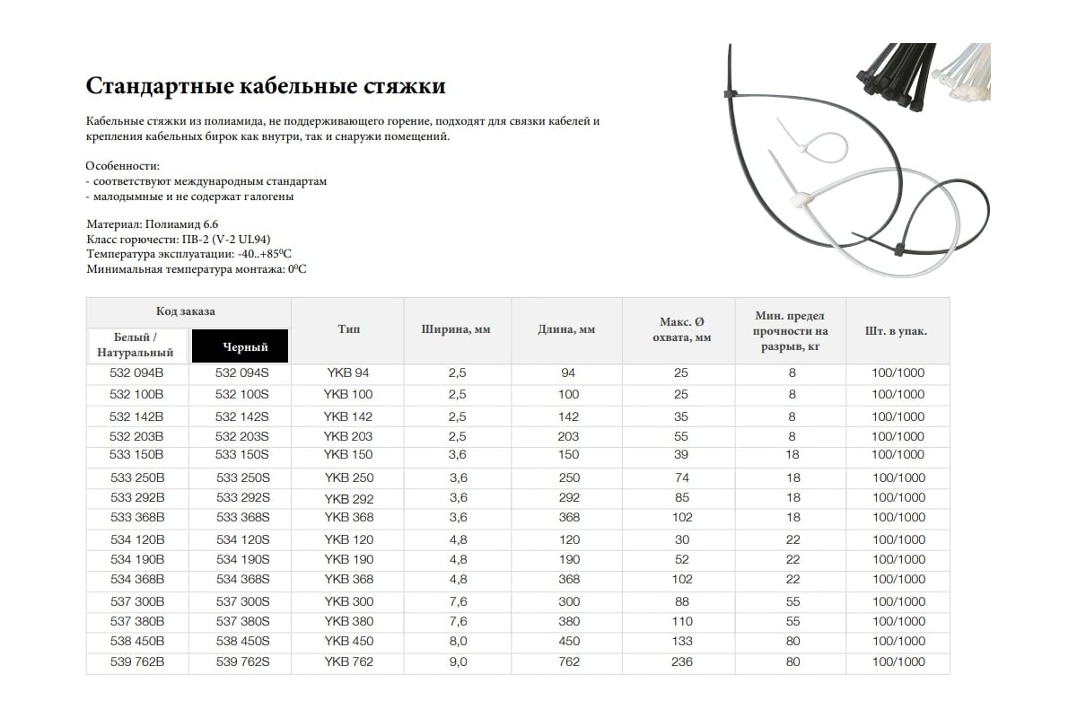 Кабельная стяжка Klemsan YKB 762 9.0x762, черный, 0.0.0.5.39762S - выгодная  цена, отзывы, характеристики, фото - купить в Москве и РФ