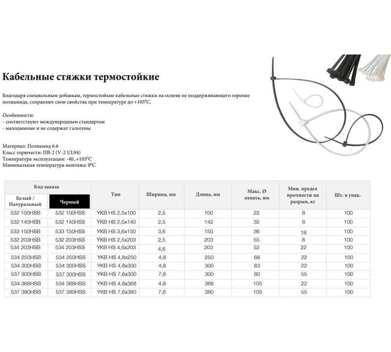 Термостойкая кабельная стяжка Klemsan YKB HS 3.6x150 BE, белый, 100 шт. 533150HSB