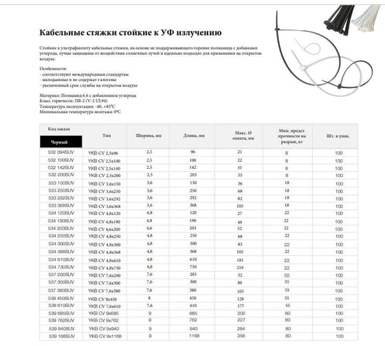 Стокая к УФ излучению кабельная стяжка Klemsan YKB CV 3.6x150 SE, черный, 100 шт. 533150SUV