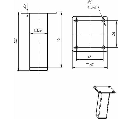 Мебельная опора-ножка ФМС 30x30x100, золото, 4 шт. 71191876
