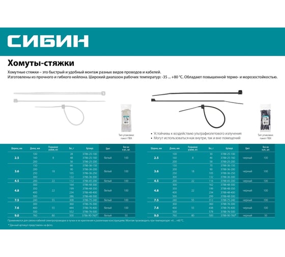 Хомуты-стяжки СИБИН ХС-Ч черные, 3.6х300 мм, 100 шт, нейлоновые, 3788-36-300